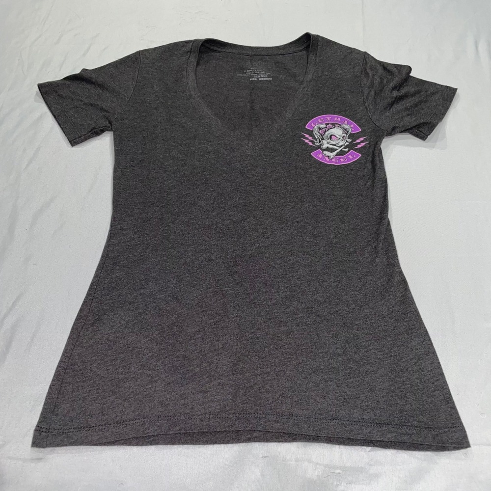 Lethal Angel Womens V-Neck Graphic T-Shirt Charcoal Grey Biker Skull Medium